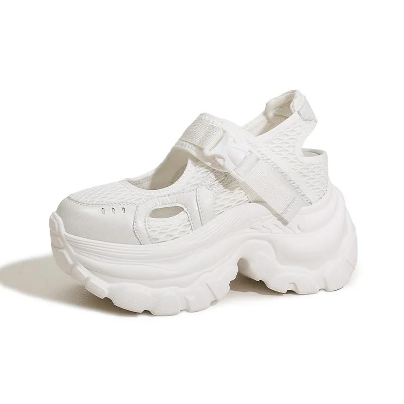 

9CM Air Mesh Microfiber Leather High Brand Comfy Platform Wedge Fashion New Summer Chunky Sneaker Buckle Mary Jane Shoes Women 34 белый
