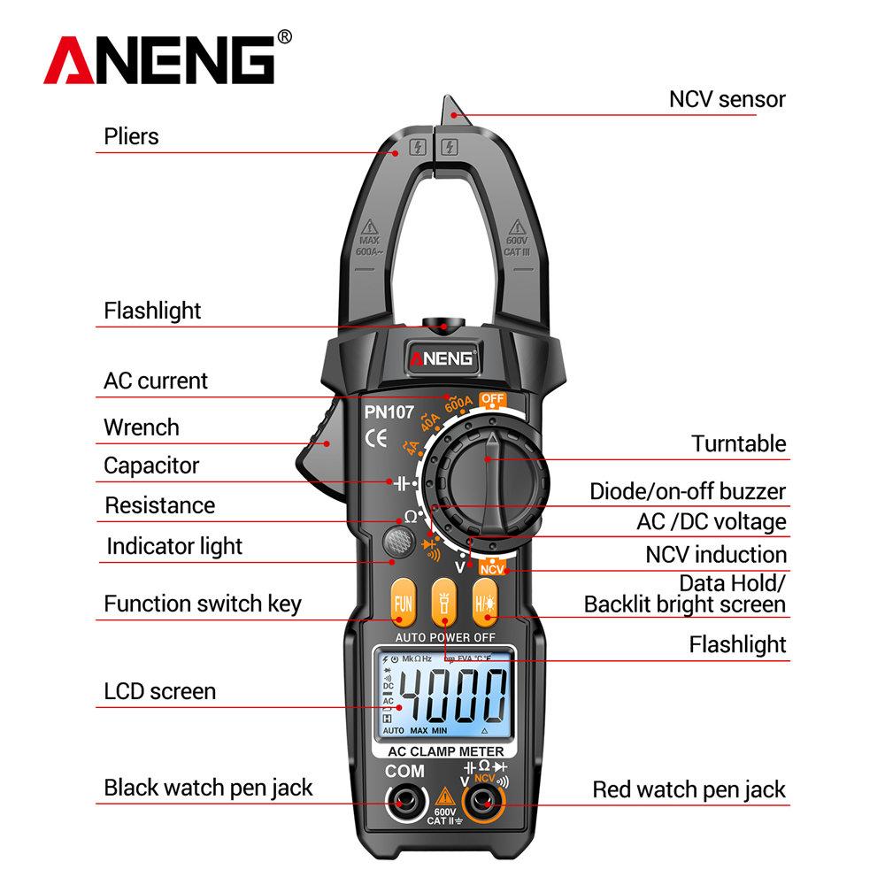 ANENG PN107 PN108 Digital Clamp Meter NCV Induction Ohmmer Tools AC/DC Voltage True RMS Multimeter 600A Current Testers