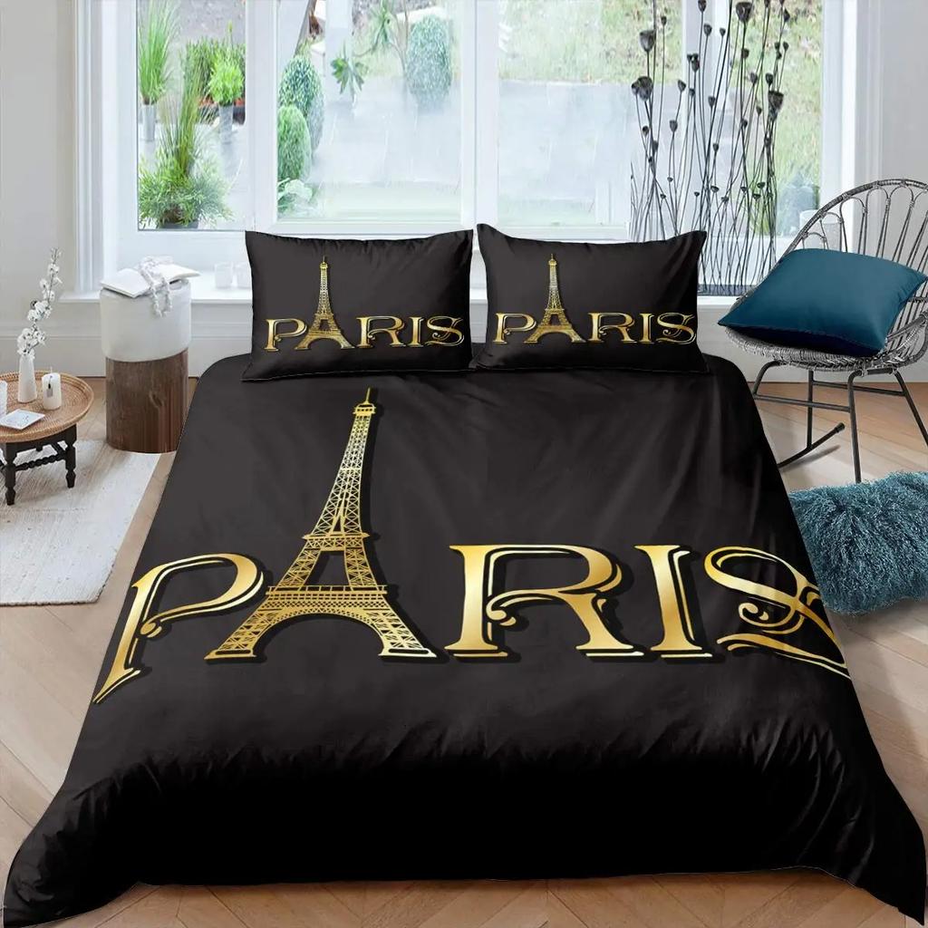 Eiffeltårnet Dynetrekk Set King/Queen Size Paris Theme Sengetøysett Jenter Tenåringer,Famous French Grey Byscape Style Dynetrekk