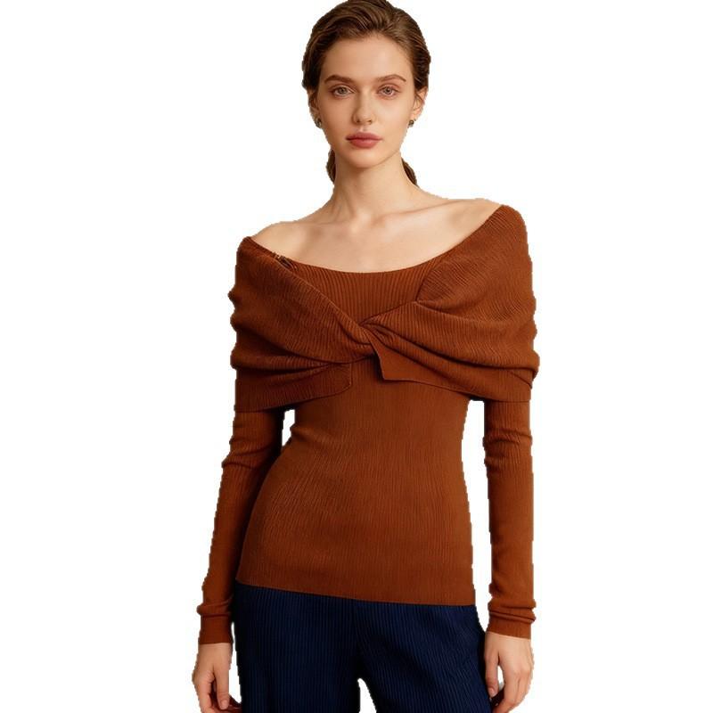 Womens Relaxed Fit Knit Sweater With Off-Shoulder Twist Detail Solid Color Cotton-Poly Blend Long Sleeve Slim 2026