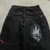 Mens Y2K Harajuku Hip Hop Streetwear Loose Fit Black Denim Jeans With Cartoon Embroidery