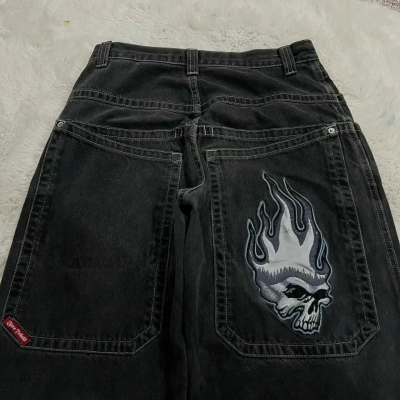 Mens Y2K Harajuku Hip Hop Streetwear Loose Fit Black Denim Jeans With Cartoon Embroidery