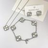 15mm Four-Leaf Clover Laser-Engraved Necklace Bracelet and Earrings Three-Piece Jewelry Set Finely Crafted