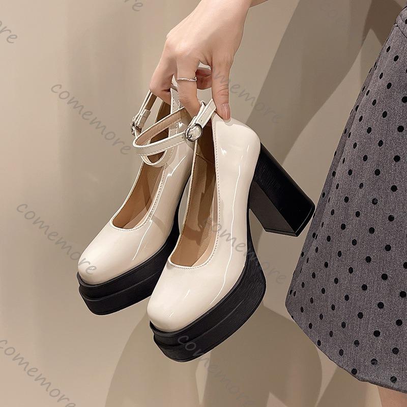 Fashion Comemore Women Pumps Fashion Chunky High Heels Shoes for Women Platform Round Head Shallow Mouth Sweet Mary Jane Single Shoes