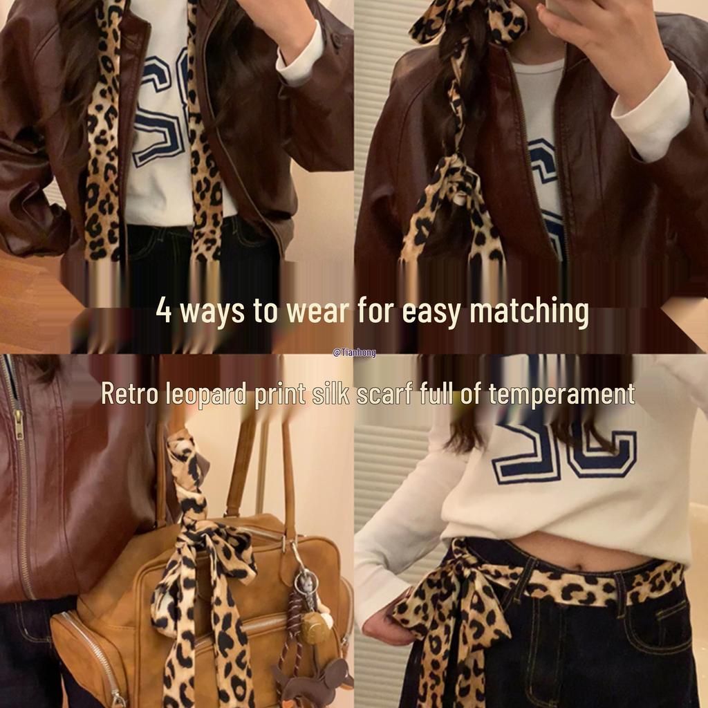 Women's Retro Leopard Print Thin Silk Scarf Hair Tie Headband Accessory