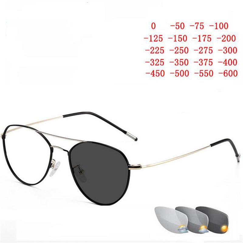 Photochromic Diopter Glasses For Myopia Women Men Stainless Steel  Leg Cat Eye Prescription Spectacle 0 -0.5 -0.75 -1.0 To -6.0