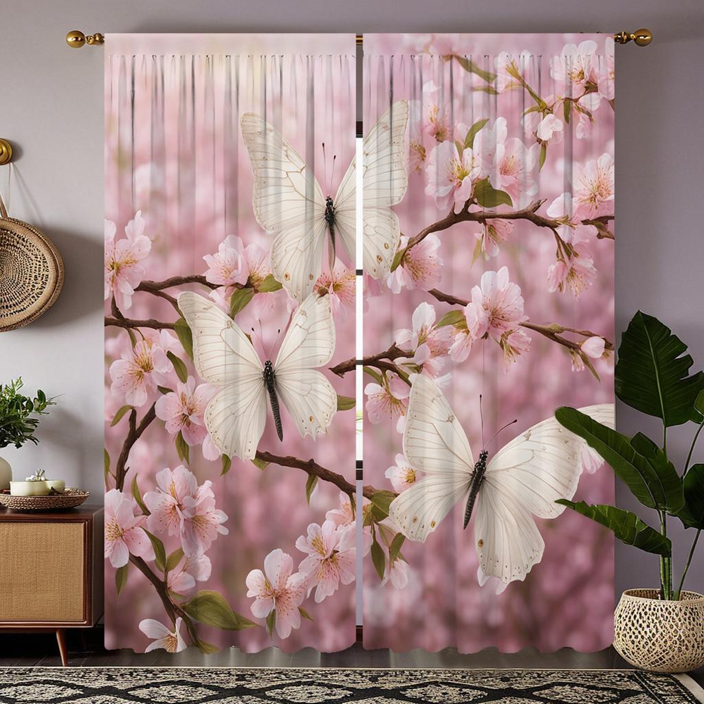 2 Stücke HD Digital Rosa Kirschblüten Schmetterling Vorhänge Home Dekorationsstil Dekoration Wohnzimmer Schlafzimmer Stangenvorhänge
