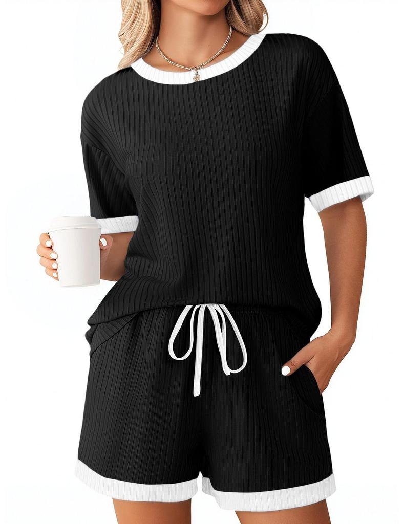 Women's Ribbed Short Sleeve Top and Shorts Set, Casual Loungewear with Contrast Trim, Multiple Color Options