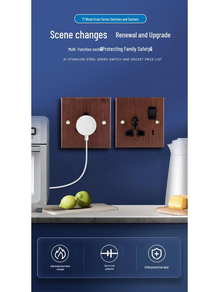 13A British Standard USB Switch Socket, Grey, Wall-Mounted, Multi-Function, One-Gang, Three-Hole Panel