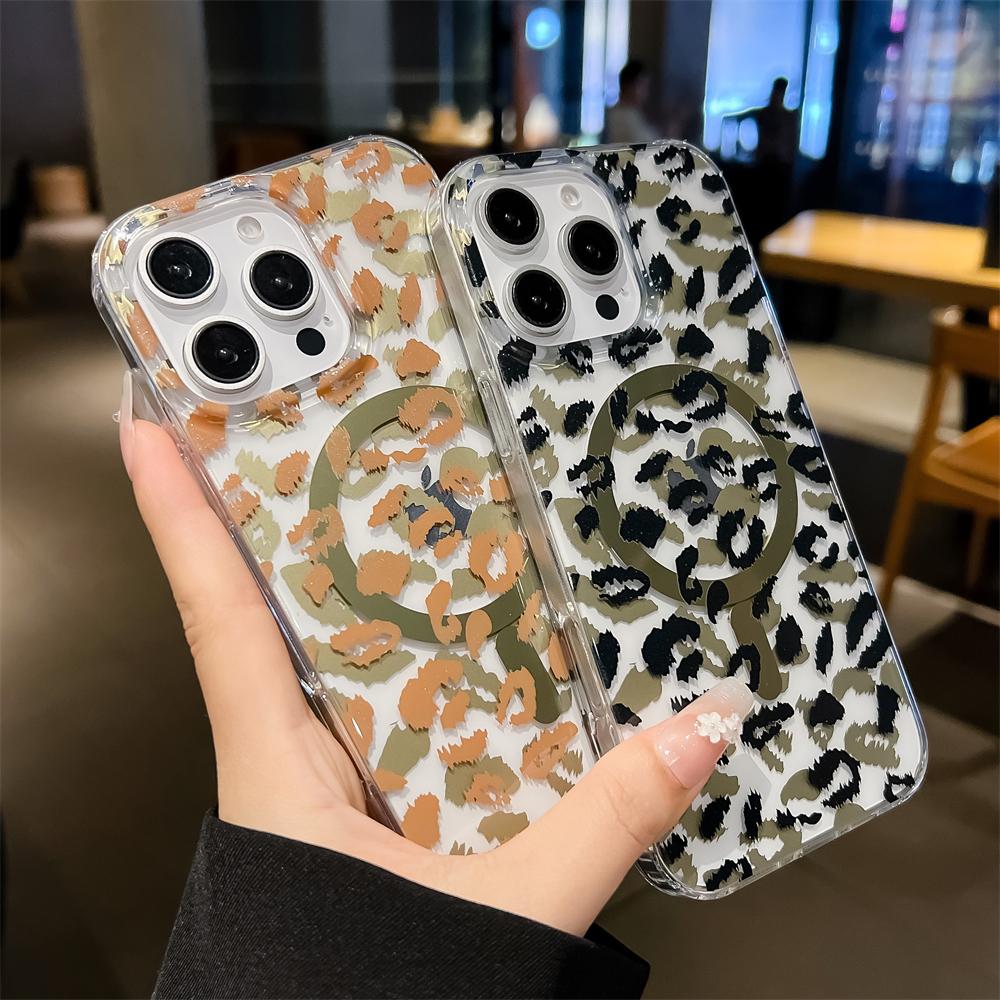 Leopard Print Soft Phone Magnetic Case For iPhone 17 Air 16 15 14 13 Pro Max Plus 16E Transparent Shockproof Back Soft Protective Cover