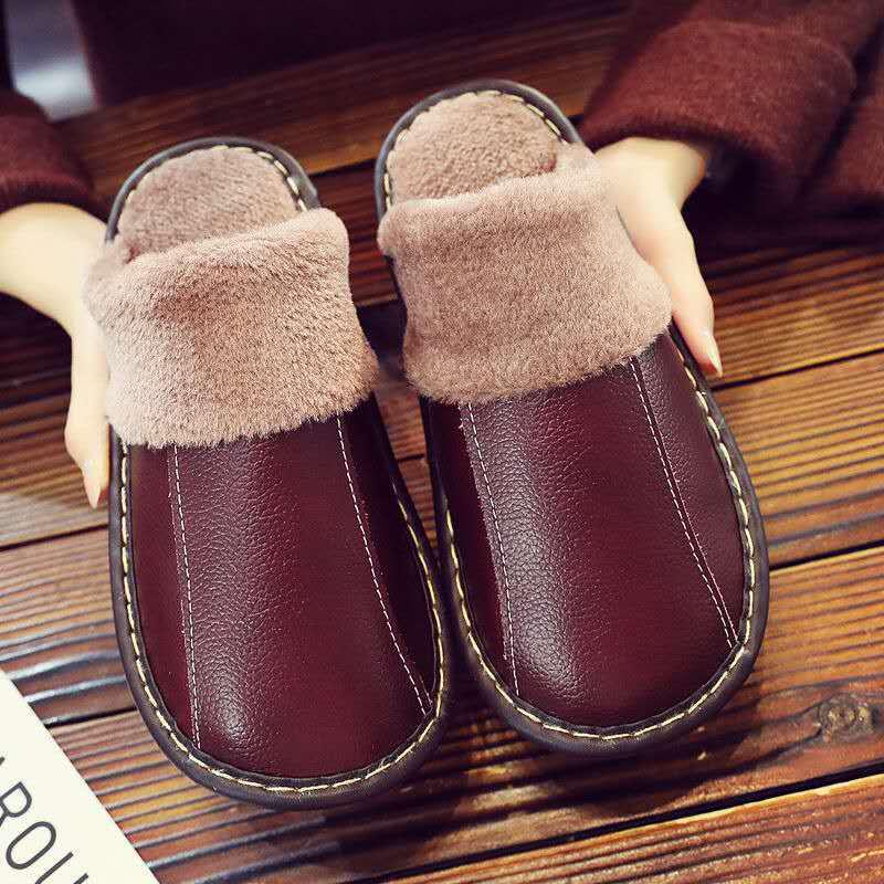 Unisex Genuine Leather Cowhide Slippers: Non-Slip, Warm Indoor Cotton Slippers for Autumn and Winter