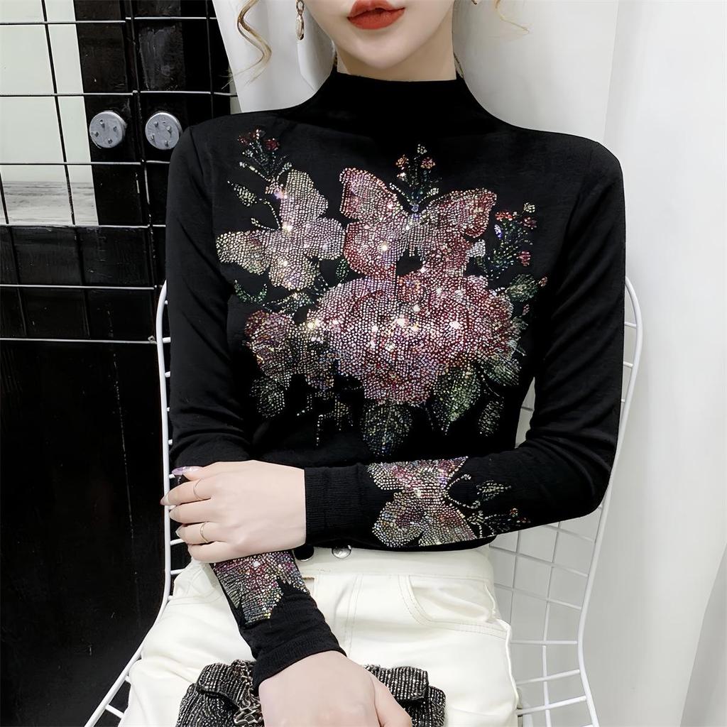 De Rong Women's Autumn/Winter Semi-High Neck Long-Sleeve Rhinestone T-Shirt