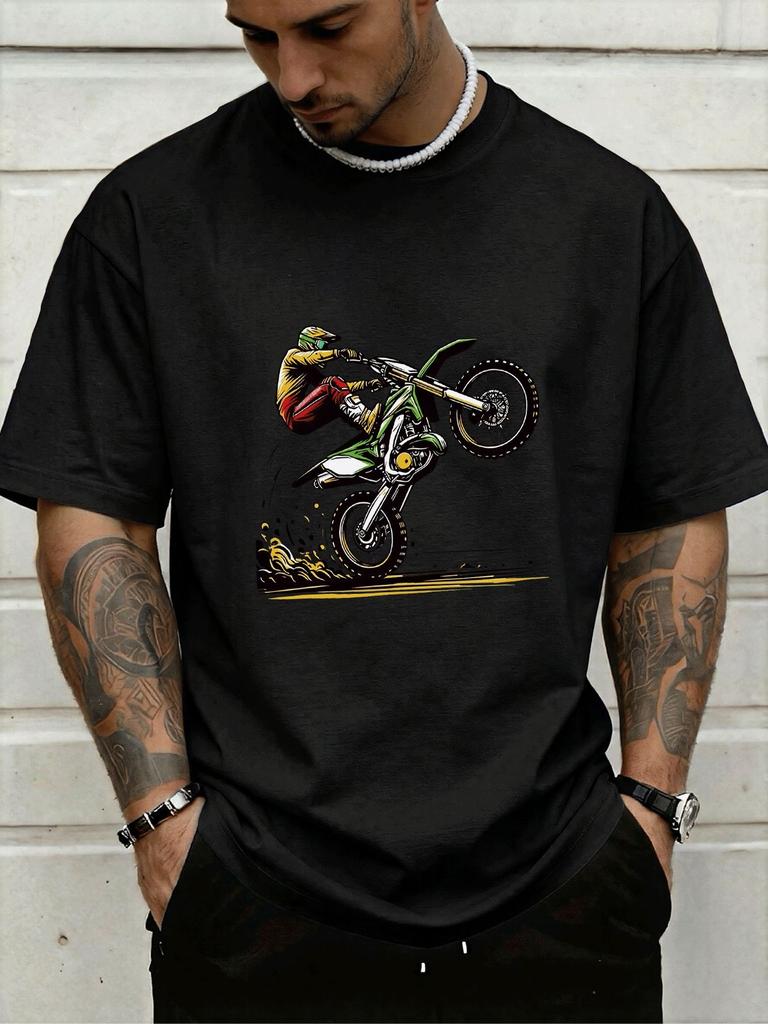 Unisex Crew Neck Tee Motocross Stunt Rider Bike Art Print Short Sleeve Oversized Male Daily Casual Soft Breathable Basic Wear Tee