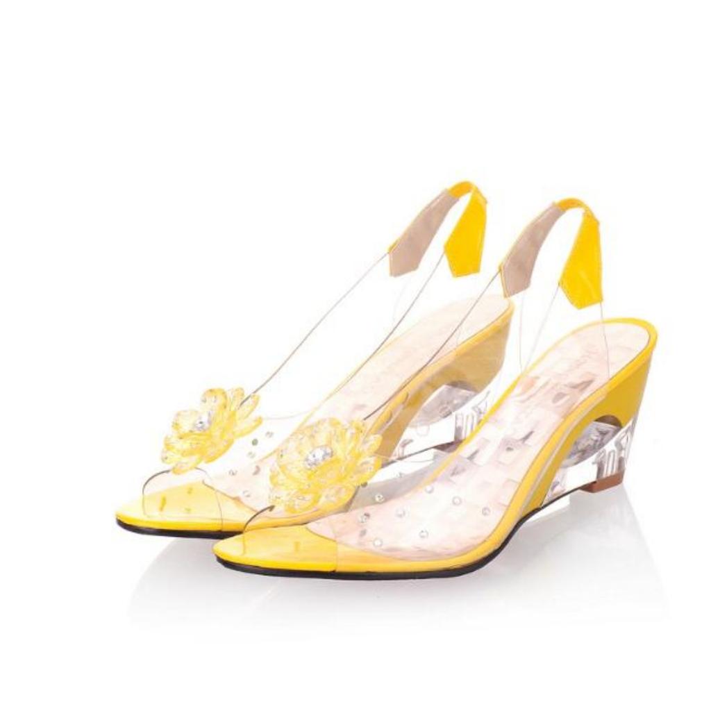 Wedges Sandals Women Summer Sweet Flowers Transparent Open Toe High Heels Sandals Fish Mouth Sandals Plus Size 30-45