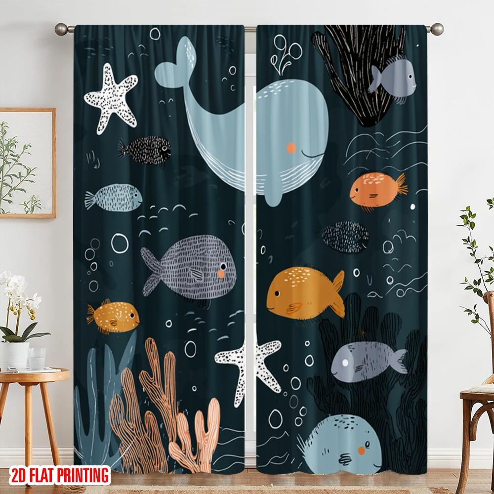 2pcs 2D flat printing Window Curtains Cute Ocean Creatures Cartoon Style Polyester Without Electricity Seasonal Party & Holiday