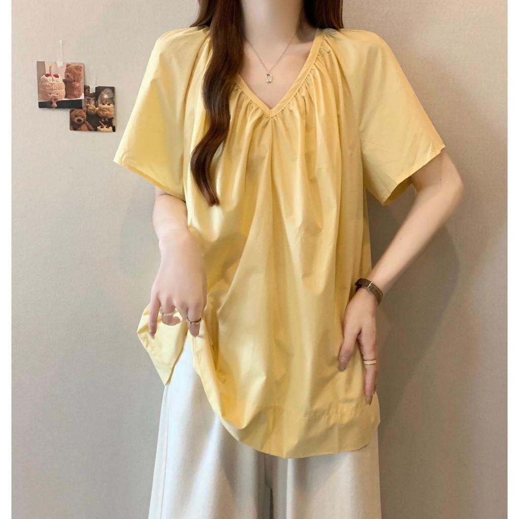 Large size design V-neck front shoulder short-sleeved T-shirt for women's summer new fat mm versatile loose and thin meat-covering top for women