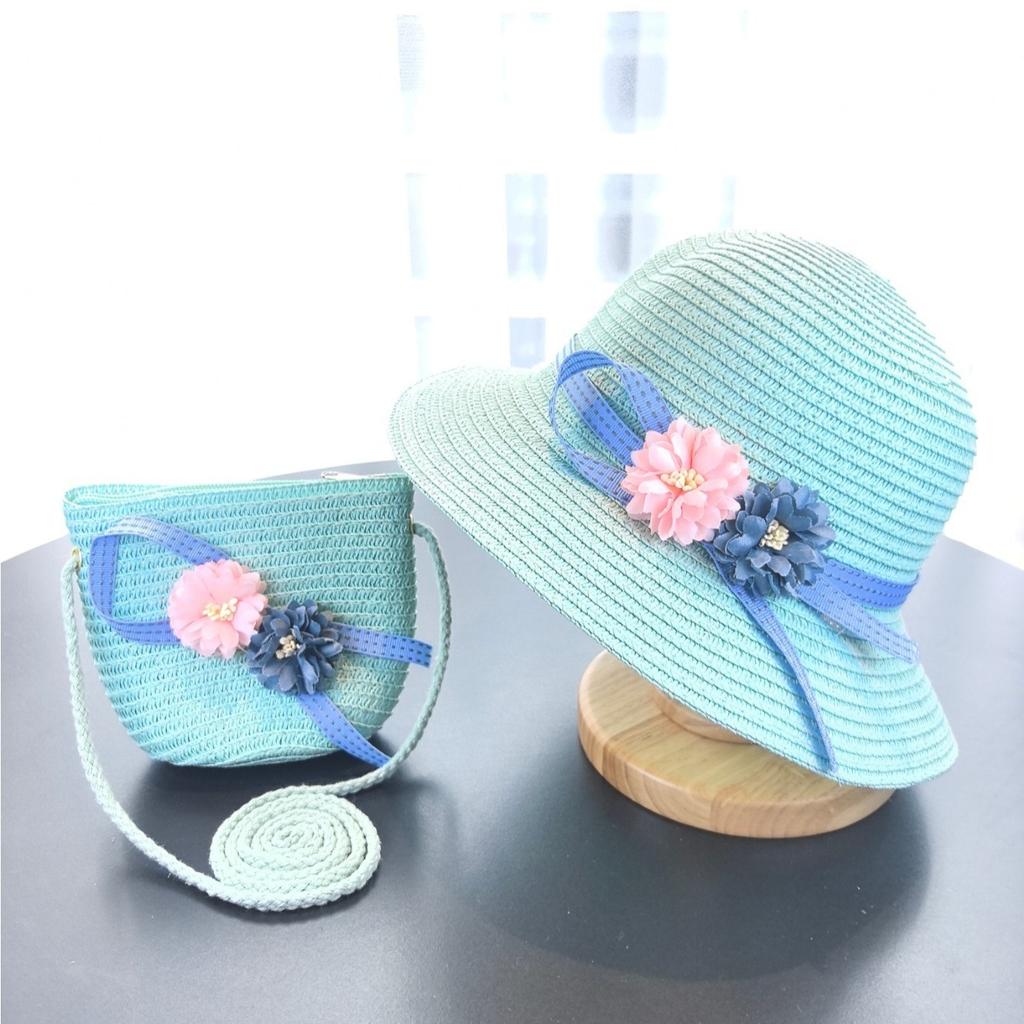 Girls 2Pcs Straw Hat Solid Color Outdoor Travel Sun Hat Floral Fisherman Style Children'S Fashion Accessory For Girls