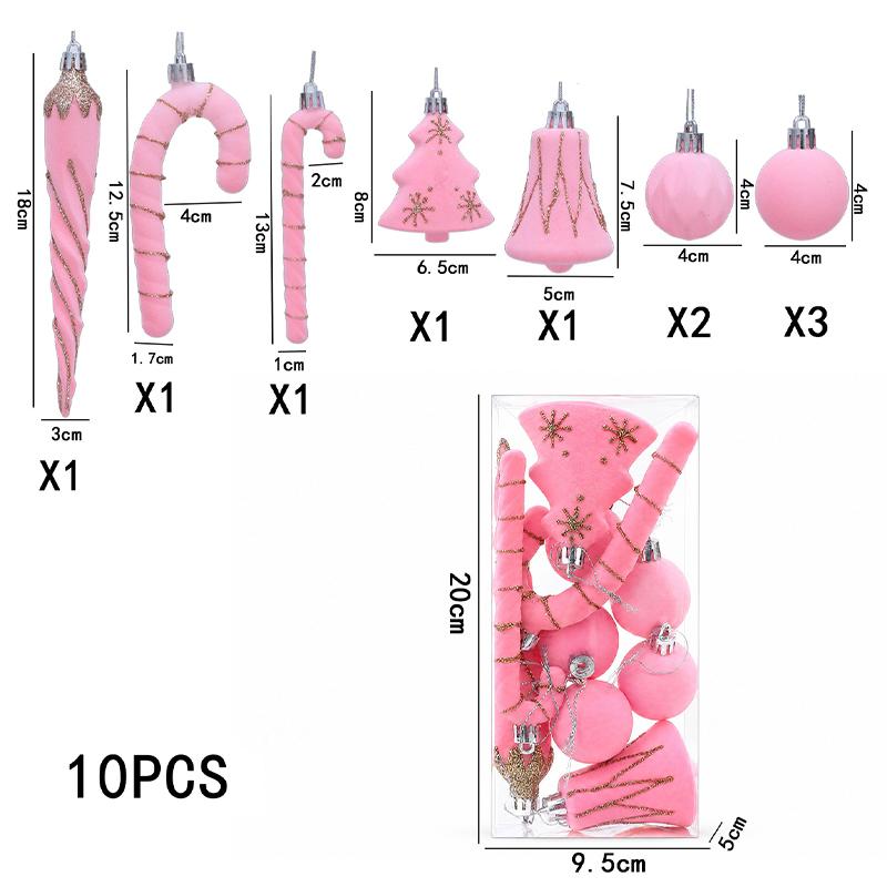 10Pcs Flocked Christmas Tree Ornaments Mixed Balls Shiny Creative Xmas Hanging Decor Festival Party Home New Year Decoration