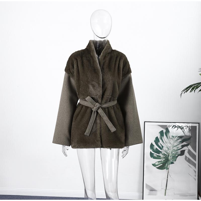 Vintage Faux Fur Patchwork Loose Coats Women V-Neck Lace Up Short Jacket  Autumn Winter Female Casual Oversized Street Outerwear