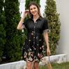 Women’s Casual Loose Fit Shirt Dress with Button Front Stand Collar Short Sleeve Polka Dot and Stripe Print Design