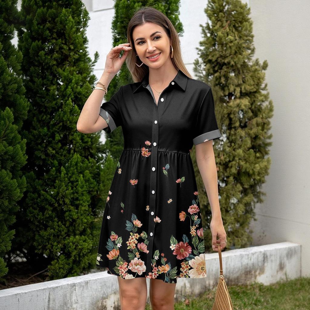 Women’s Casual Loose Fit Shirt Dress with Button Front Stand Collar Short Sleeve Polka Dot and Stripe Print Design