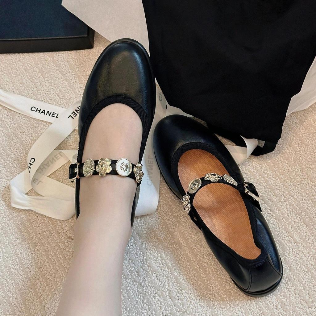 Sheepskin version~ Xiaoxiangfeng leather ballet shoes with soft soles Mary Jane single shoes women's small gold button soles small leather shoes