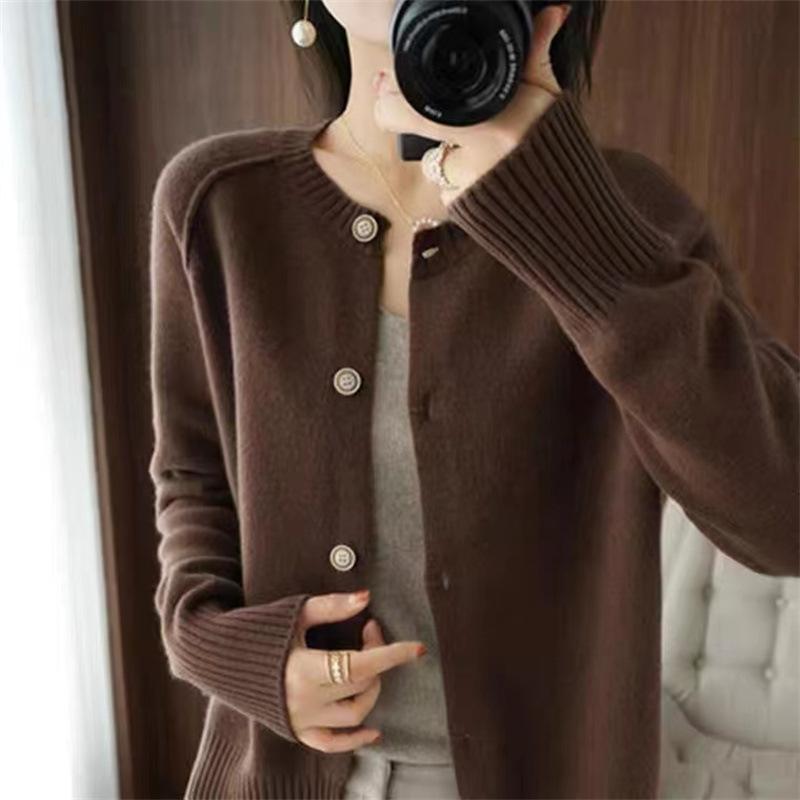 Autumn and Winter New Sweater Cardigan Women's Round Neck Loose Solid Color Knitted Sweater Jacket Top