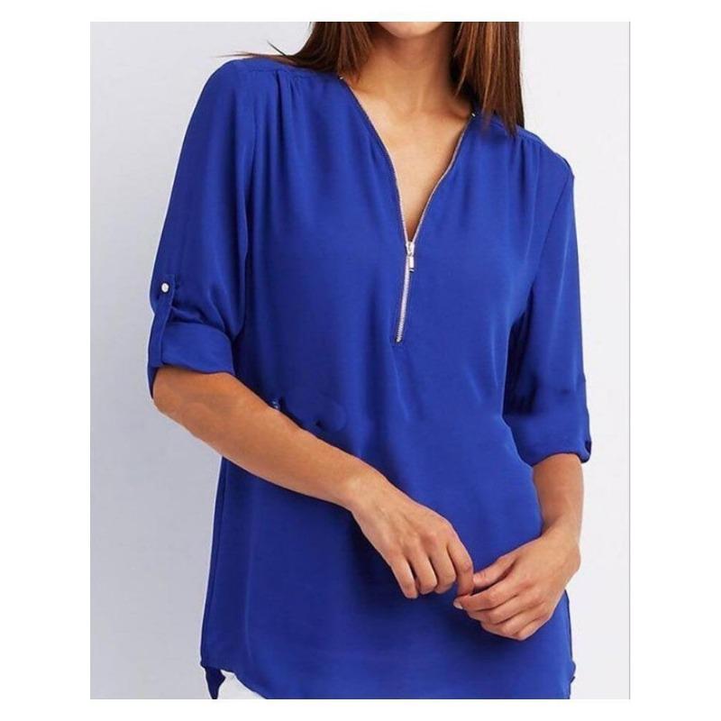 Women's Plus Size Loose Fit V-neck Chiffon Shirt with Long Sleeves and Adjustable Zipper