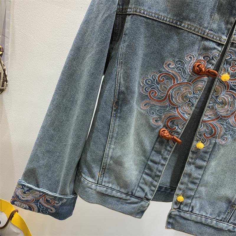 Giacca di Jeans da Donna Stile Cinese Primavera Autunno Corta con Bottoni Top di Jeans Ricamato