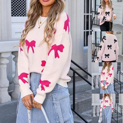 Women's Casual Fashion Comfortable Round Neck Pullover Bow Long Sleeve Street Trend Knitted Sweater