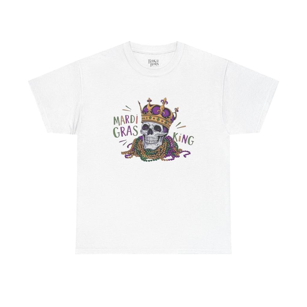 Mardi Gras Skull King Tee | Carnival Crown, Beads & Mask Design