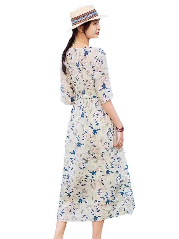 Printed ramie dress 2025 summer new foreign style cotton and linen floral V-neck short-sleeved skirt women