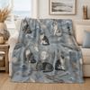 Throw Blanket, Coastal Cat Holiday Flannel Blanket, Misty Blue Gray Cat Seashell Starfish Waves Driftwood Sea Grass Moon North Atlantic Home Throw