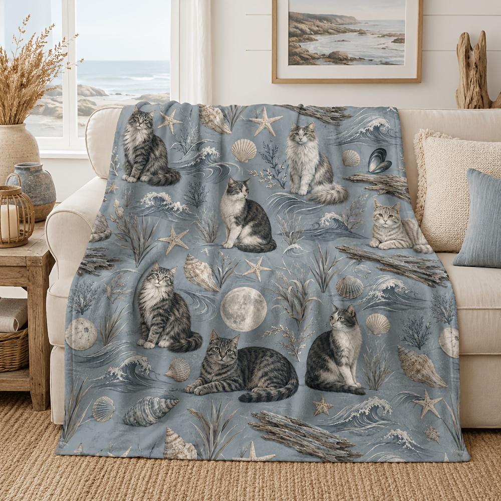 Throw Blanket, Coastal Cat Holiday Flannel Blanket, Misty Blue Gray Cat Seashell Starfish Waves Driftwood Sea Grass Moon North Atlantic Home Throw