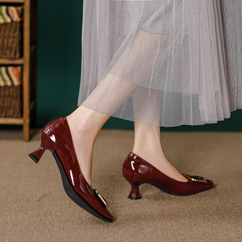 High Heels Women's Stiletto 2025 New Women's Shoes Fruit Green Metal Buckle Square Head Shallow Mouth French Small High Heel Single Shoes