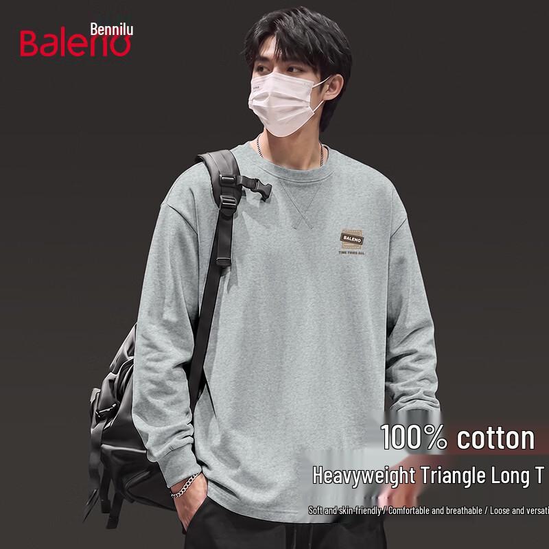 Baleno Men's Loose-Fit Pure Cotton Long Sleeve Crew Neck T-Shirt