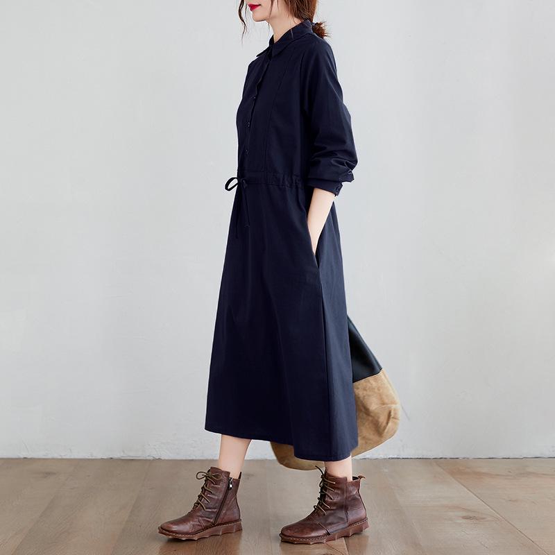 2025 Autumn Korean Style Cotton-Linen Polo Collar Elegant Long Sleeve Shirt Dress