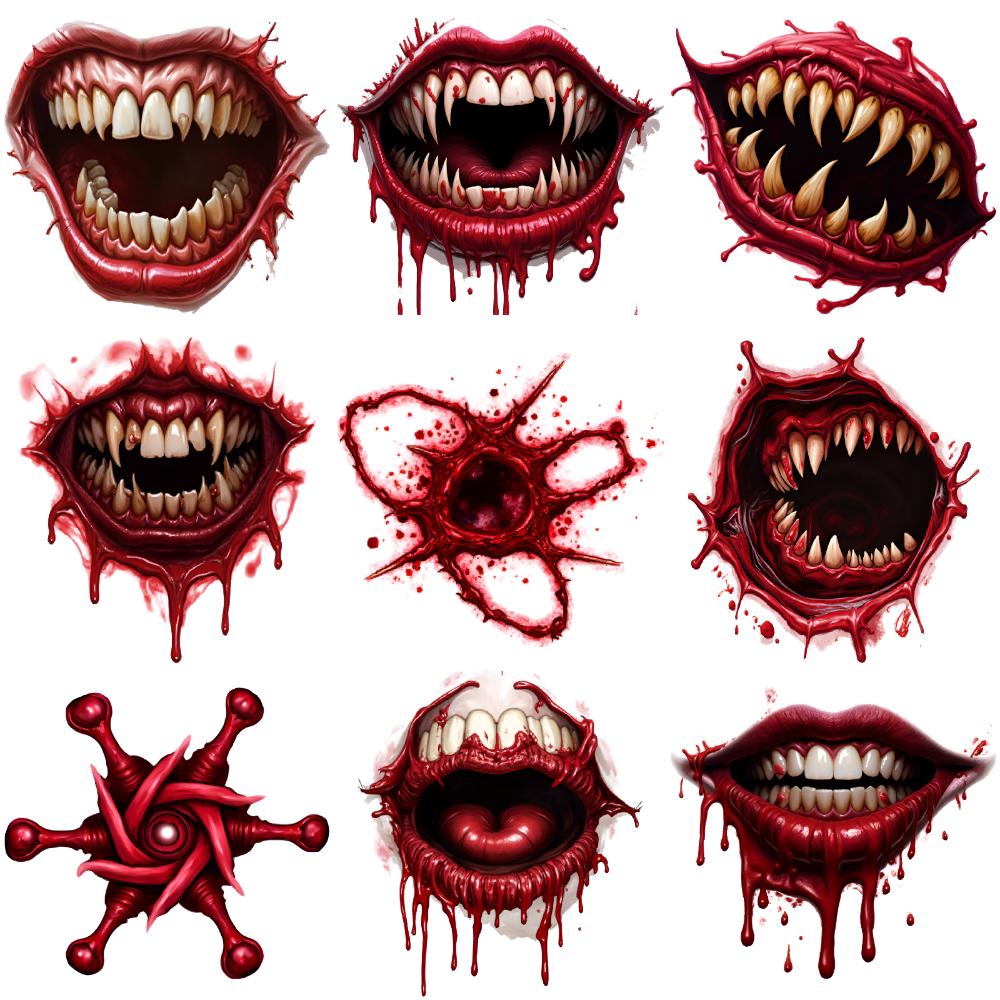 9pcs Temporary Tattoo Teeth Halloween Monster Mouths Eye Temporary Tattoo Stickers Dripping Blood For Girls Shoulders Boys