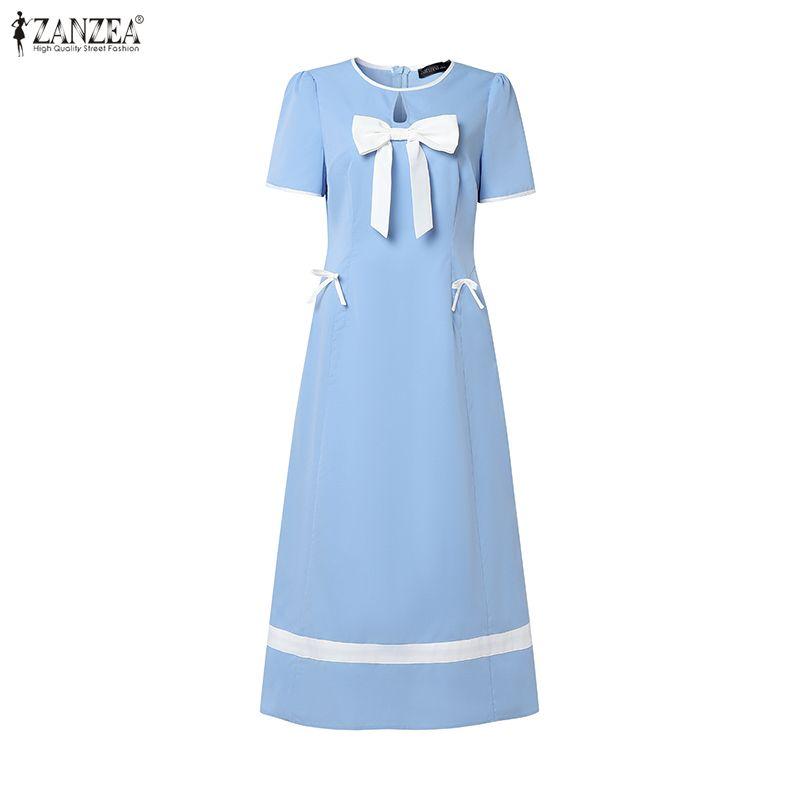 ZANZEA Damen Elegantes Lässiges Rundhals Sommerkleid mit Kurzen Ärmeln
