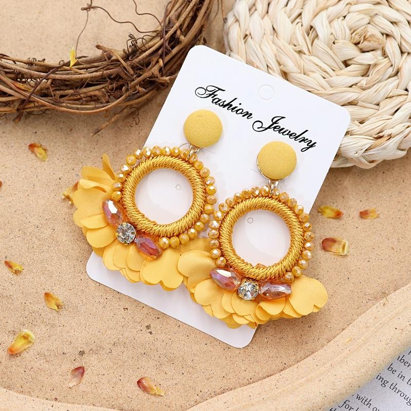 Vintage crystal flower big circle stud earrings long temperament personalized vacation earrings bohemian earrings women