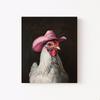 Wooden frame - chicken wearing pink denim hat print canvas wall art poster decoration wall art - including hanging hardware