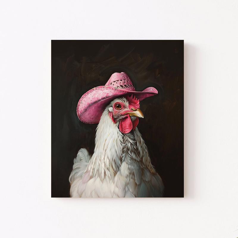 Wooden frame - chicken wearing pink denim hat print canvas wall art poster decoration wall art - including hanging hardware