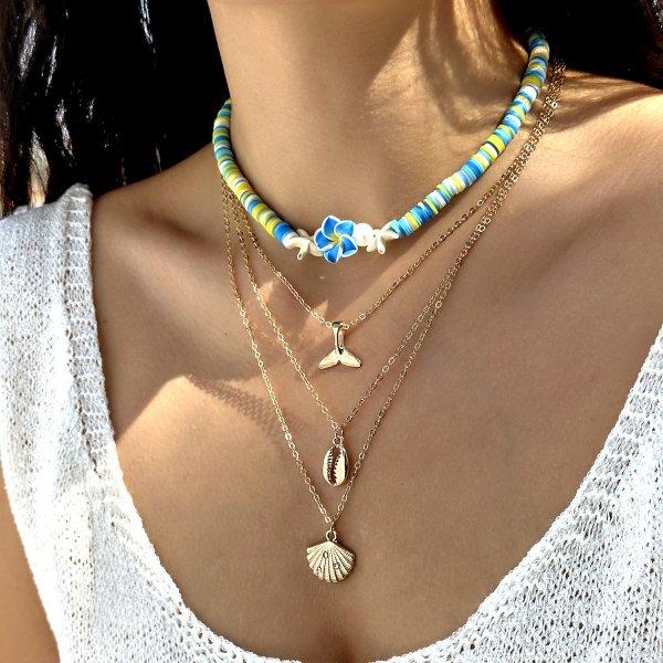 

Bohemia Summer Beach Necklace for Women Multilayer Starfish Shell Turtle Pendant Soft Pottery Choker Girl Party Vacation Jewelry