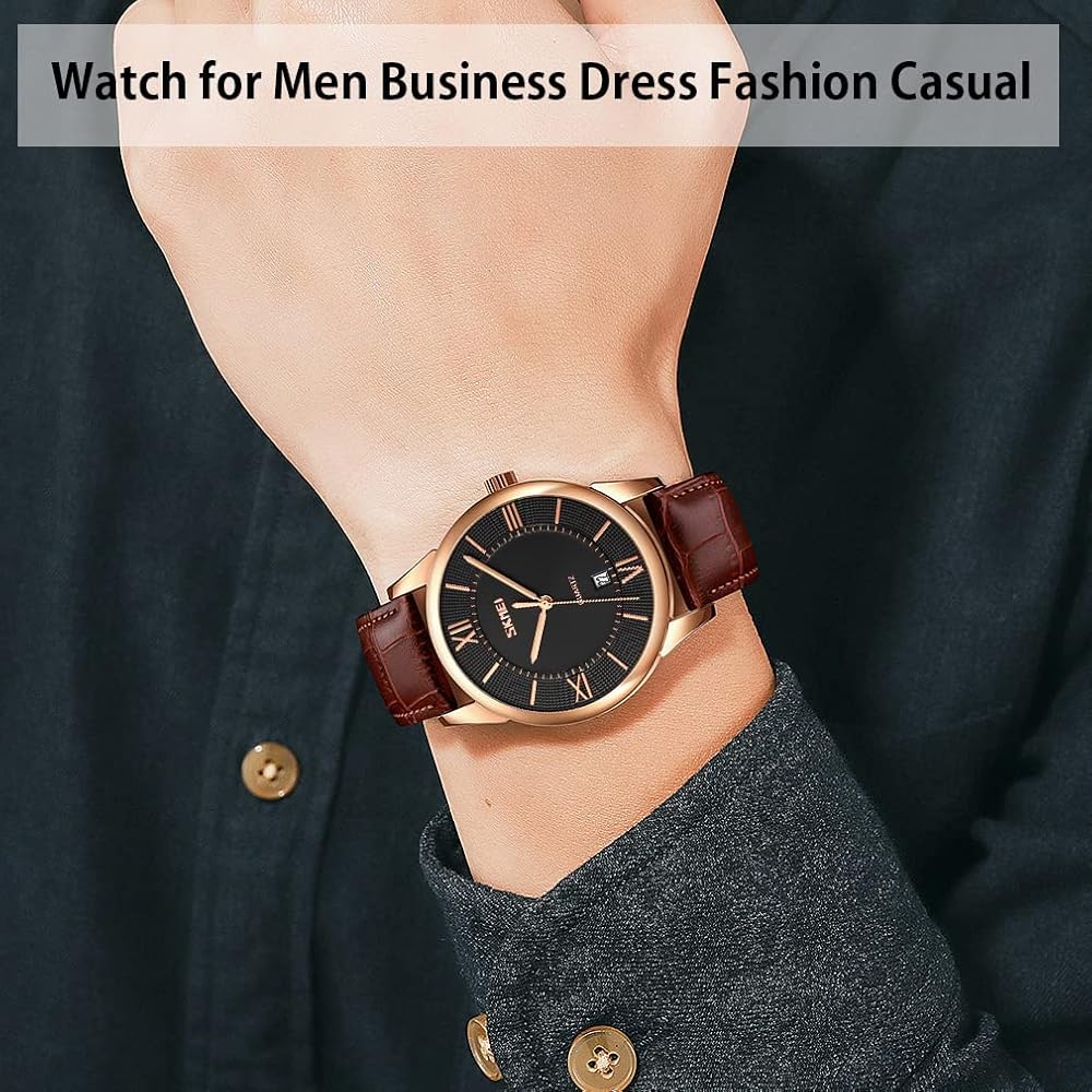 Classic Men's Analog Watch Brown Leather Band Waterproof Business Style