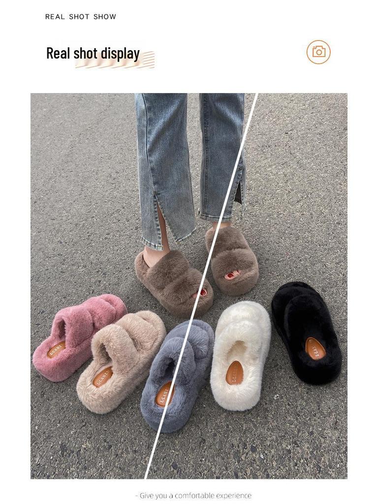 Damen Pelzige Höhenverstärkende Hausschuhe - Herbst/Winter 2023: Doppelriemen, Dicke Sohle, Koreanischer Stil, Plüschbaumwolle, Größe 35-42