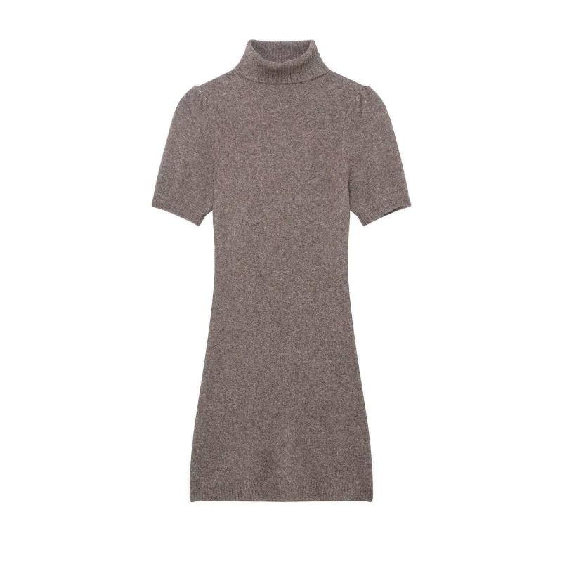 Womens Slim Fit Solid Color Knit Mini Dress High Neck Short Sleeve Street Chic Everyday Wear