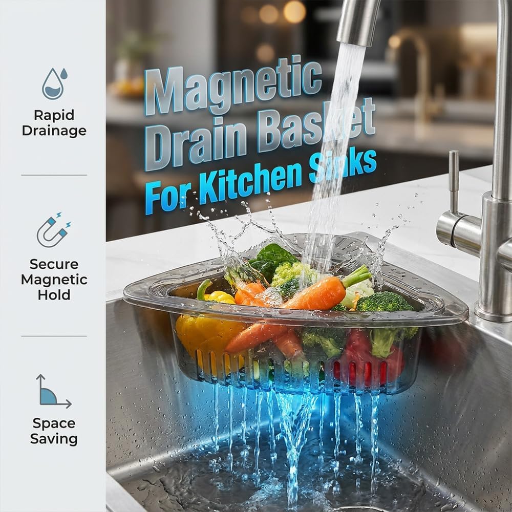 Magnetic Corner Sink Strainer Basket, 2026 New Upgraded Corner Sink Strainer, Triangular Drain Rack