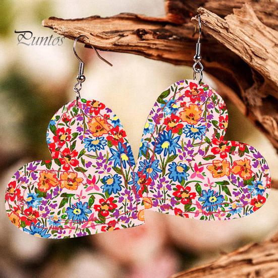 

1 пара серег-крючков в форме сердца, ретро пасторальный стиль, искусственная кожа, разноцветные висячие серьги с цветами, модные украшения