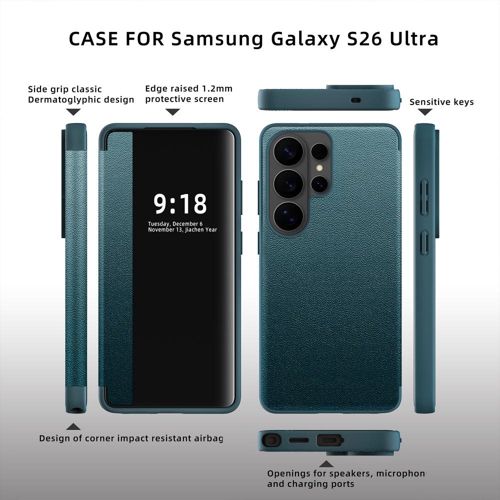 Smart Window Screen Protector Fold Leather Case for Samsung S26 Ultra S25 S24 Plus S23 S22 with Card Pin and Slot Position Cover