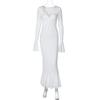 Deep V Horn Long Sleeve Fanny Pack Hip Pleats Pure Sexy Pure Wind Long Dress